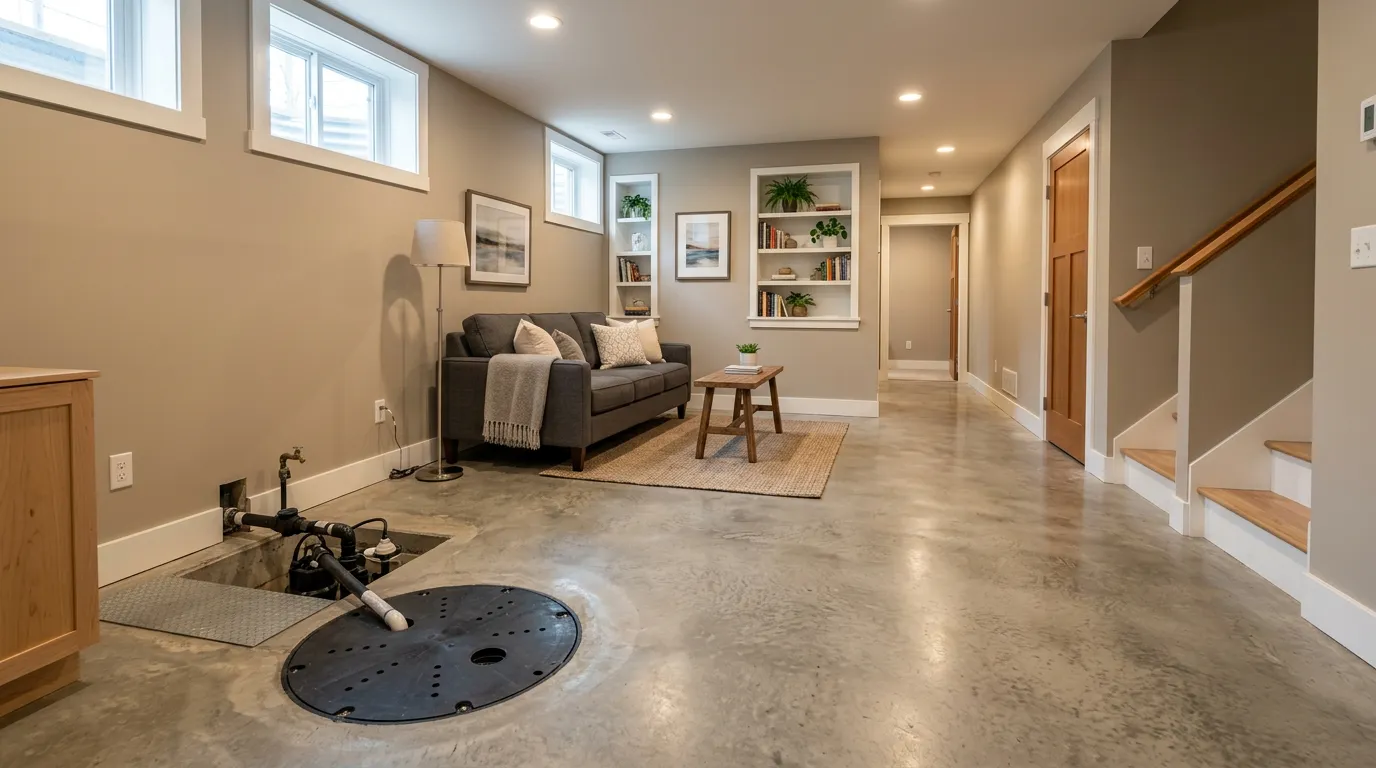Finished residential basement with a sump pit, a common radon entry point