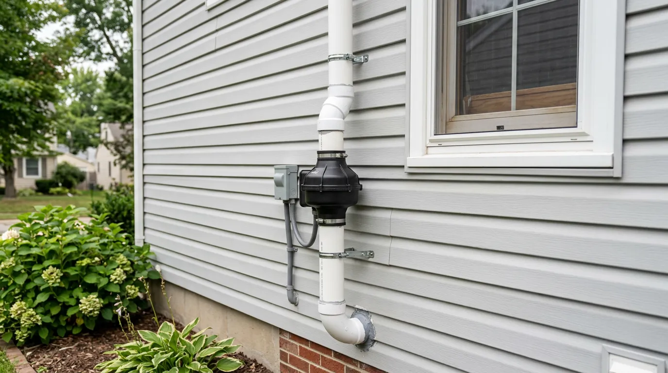 Radon mitigation system with vent pipe and inline fan installed on a home exterior